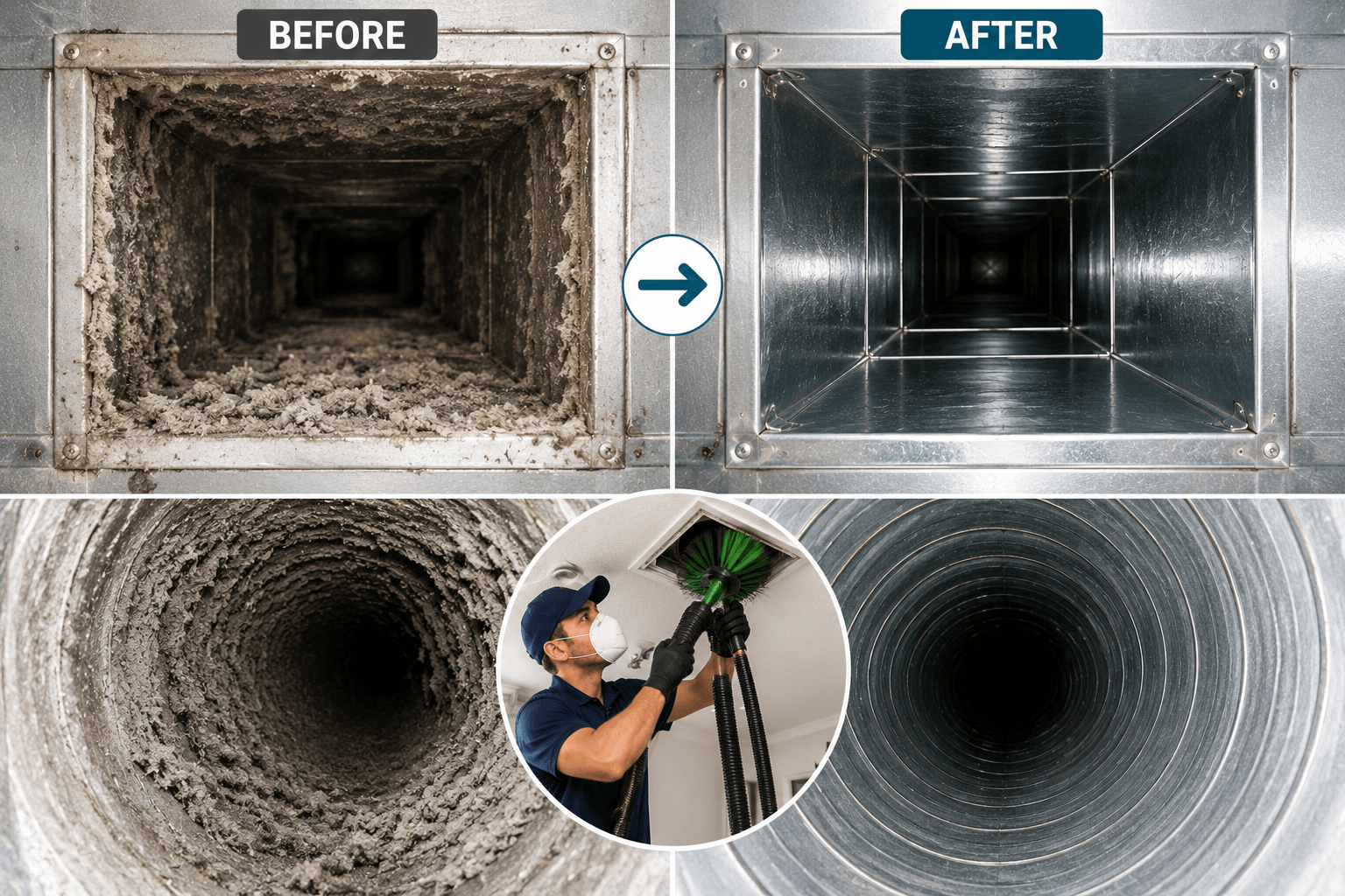Professional technician using a rotary brush and extraction hose during a detailed ceiling air duct cleaning process in Richardson TX