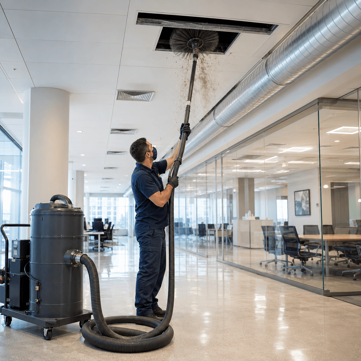 Professional technician cleaning a ceiling air duct to remove dust, mold and debris in a Richardson TX home