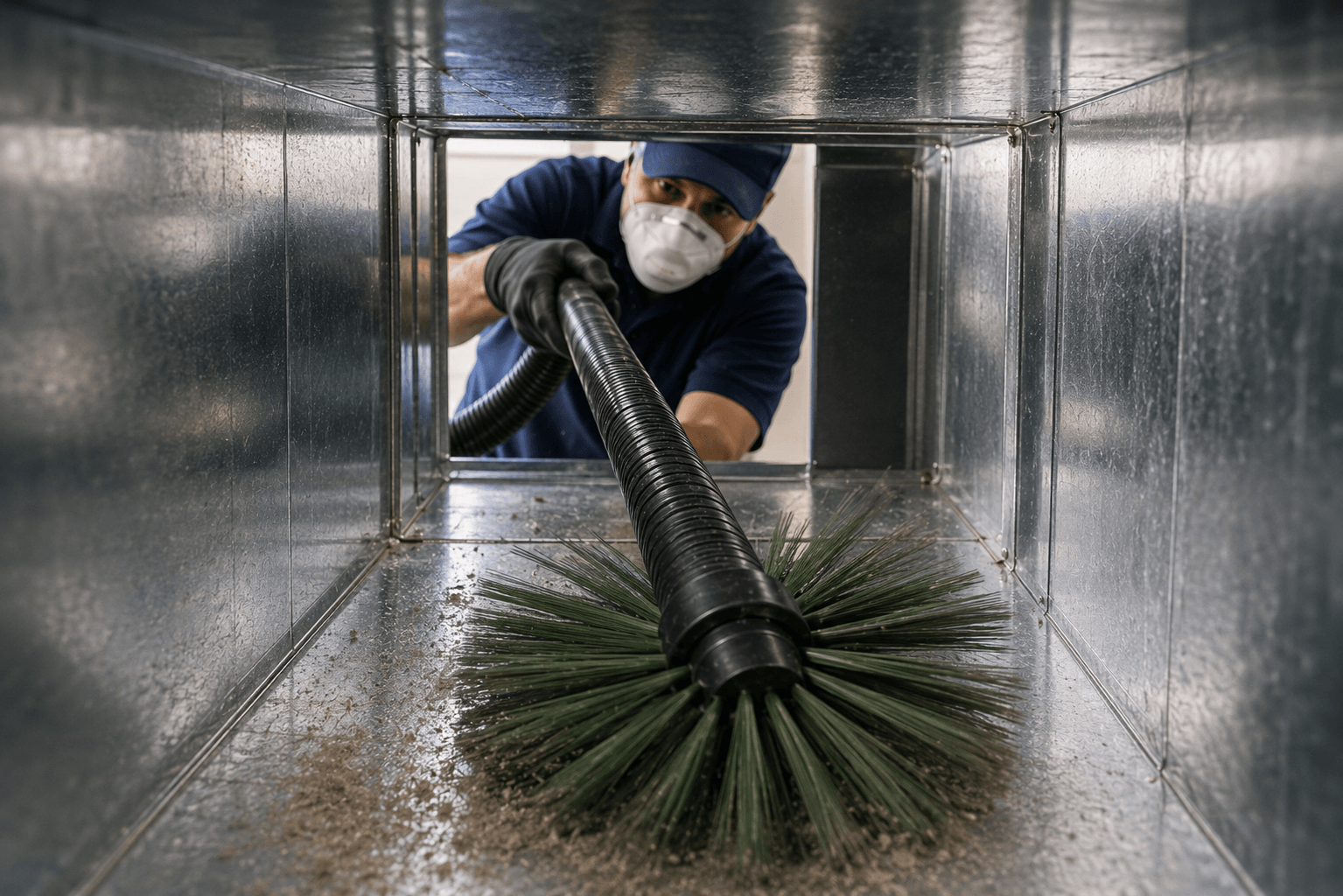 Step-by-step professional air duct cleaning process using inspection, rotary brushing and debris extraction in Richardson TX
