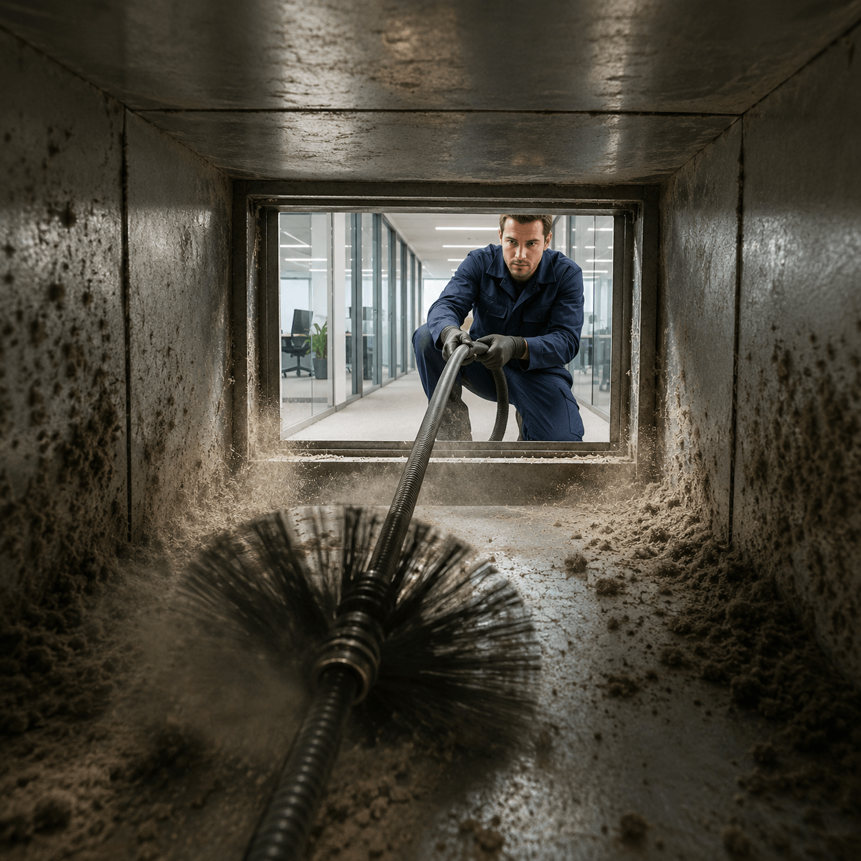Professional technician cleaning a ceiling air duct to remove embedded dust, debris and allergens in Richardson TX