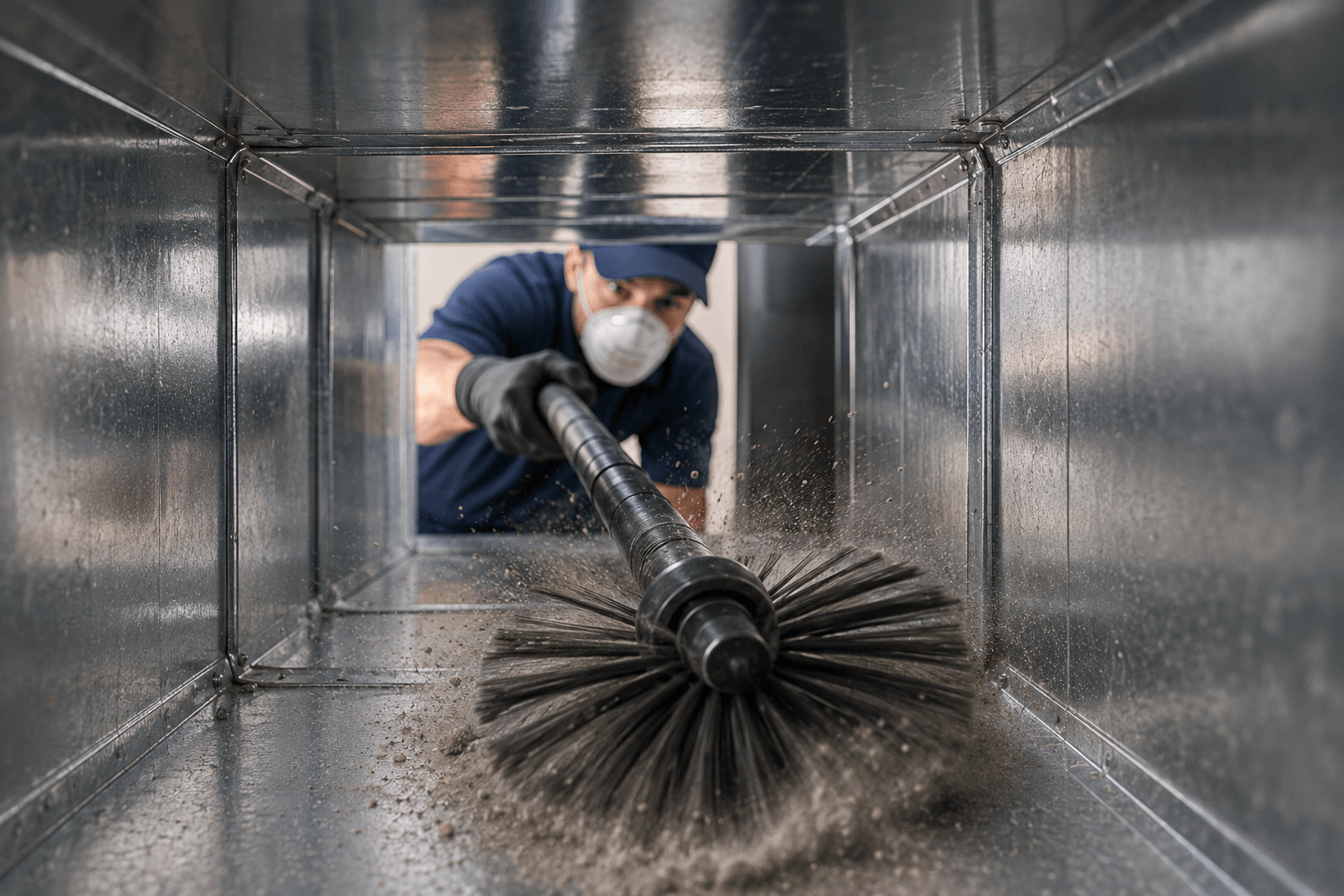 Professional technician performing air duct cleaning to remove dust, pollen, pet dander and embedded debris in a Richardson TX home