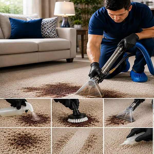 Professional carpet cleaning technician demonstrating advanced carpet stain removal techniques on a residential carpet in Richardson TX