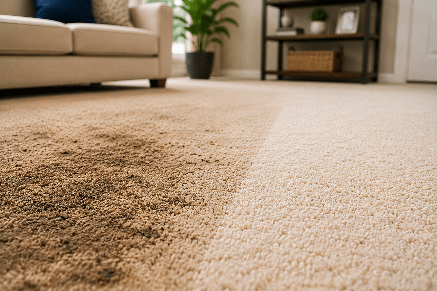 Close-up of a residential carpet showing the difference between stained fibers and professionally cleaned carpet in Richardson TX