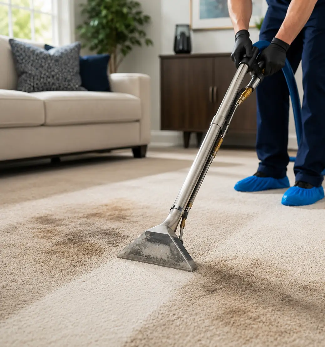 Professional carpet stain removal service removing deep stains from a residential carpet in Richardson TX