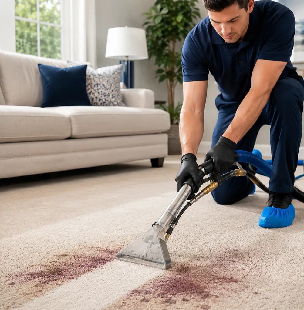 Professional carpet stain removal technician removing a deep wine stain from a residential carpet in Richardson TX