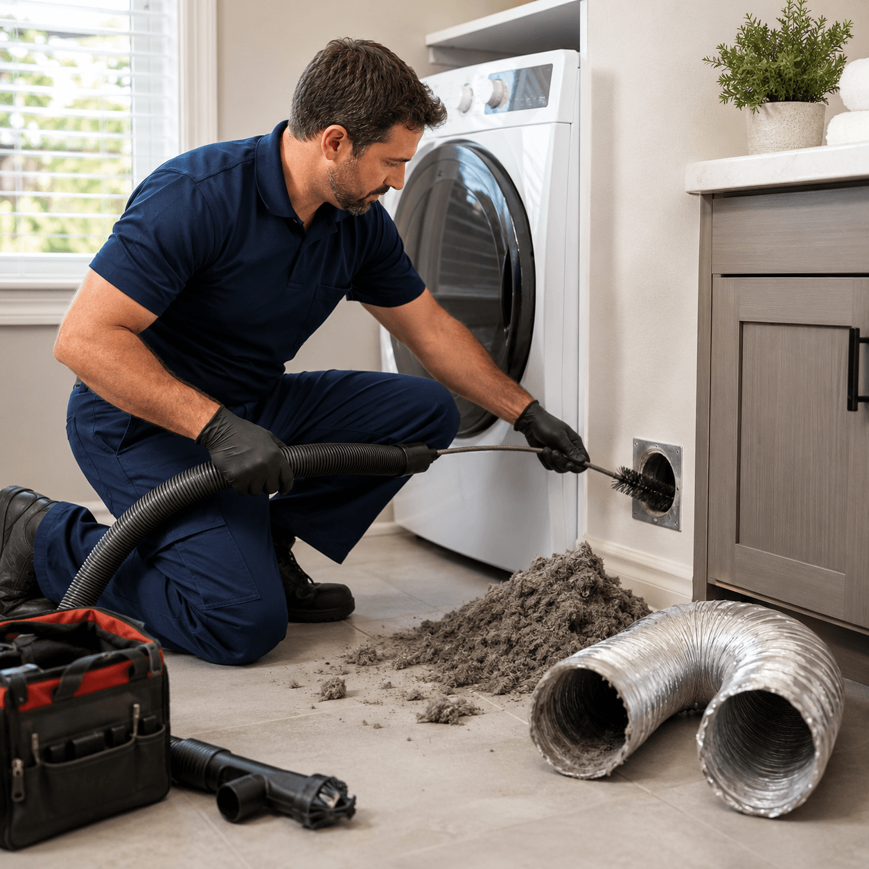 Professional technician removing heavy lint buildup from a residential dryer vent to improve airflow and drying efficiency in Richardson TX