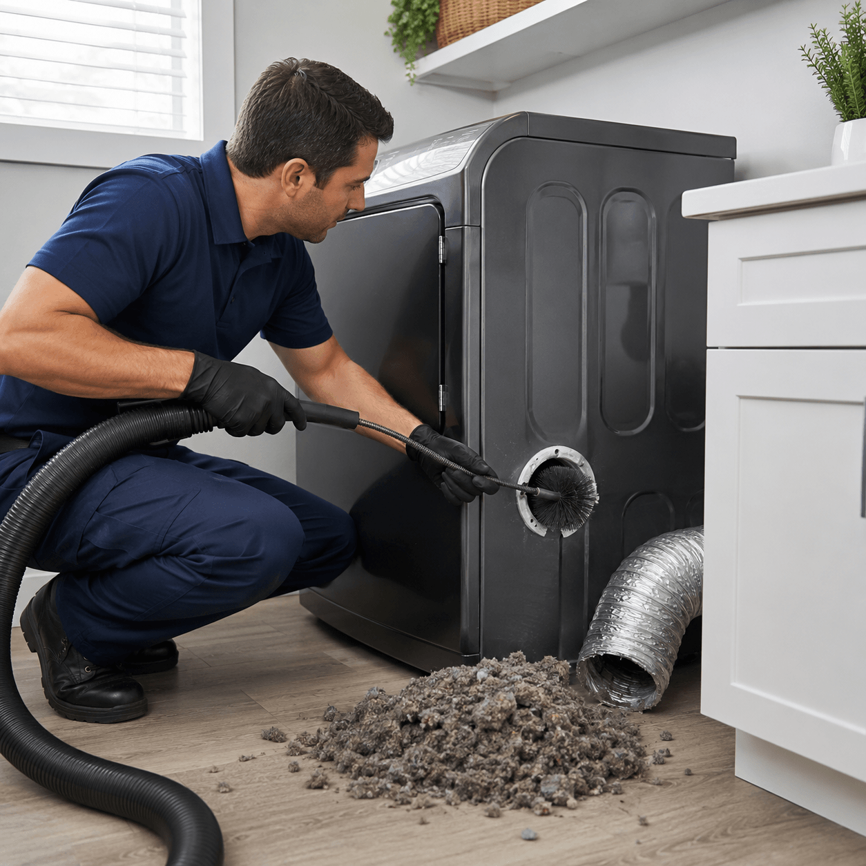 Professional technician cleaning a residential dryer vent to remove lint buildup and improve airflow in Richardson TX