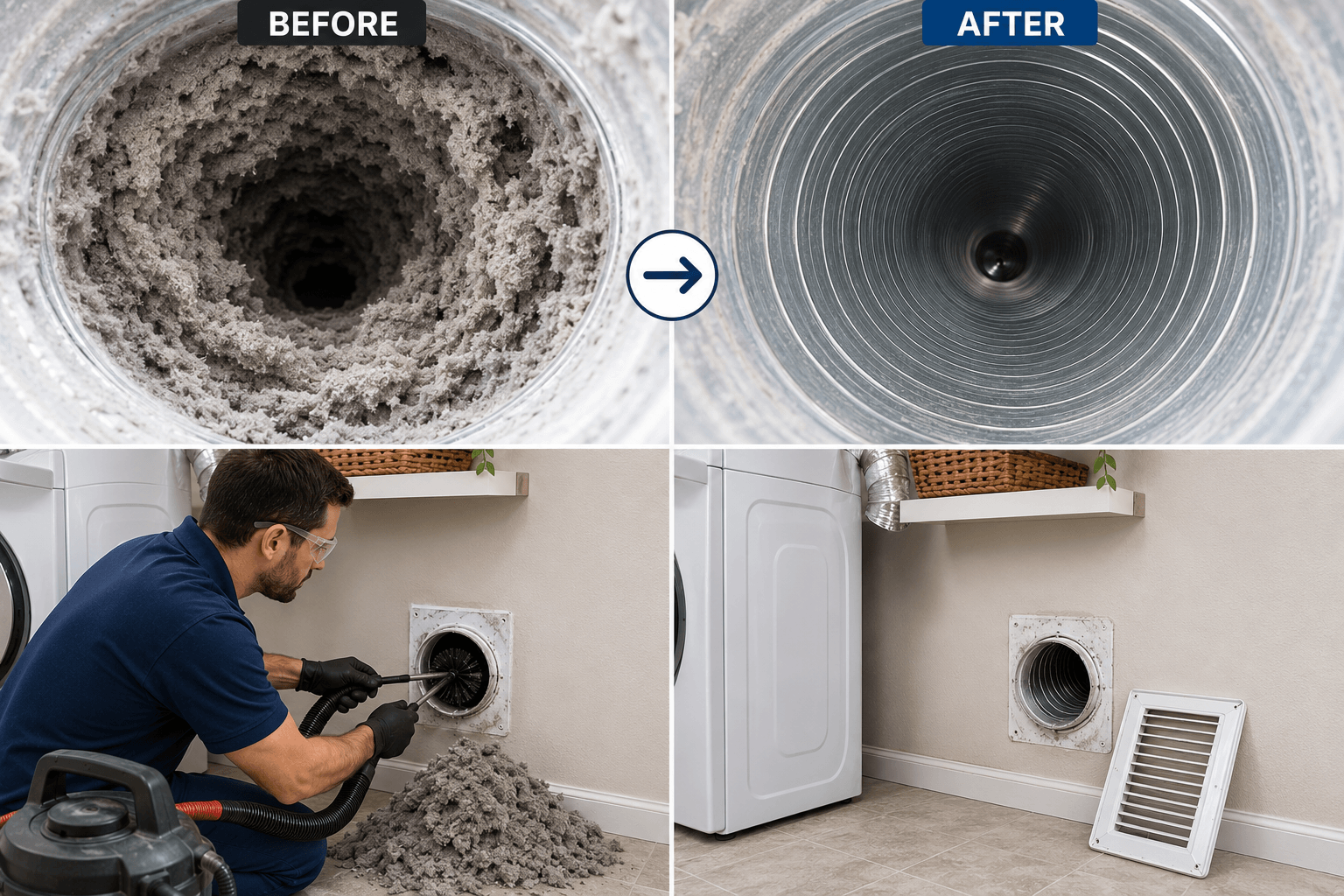 Professional dryer vent cleaning with before and after views showing heavy lint buildup removed from a residential vent in Richardson TX