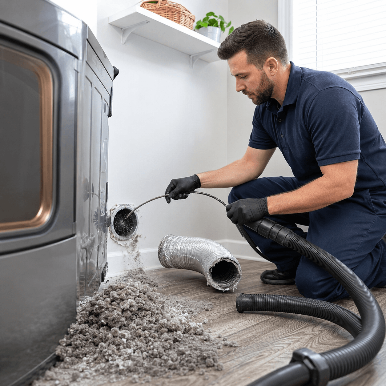Professional technician removing deep lint buildup from a residential dryer vent in Richardson TX