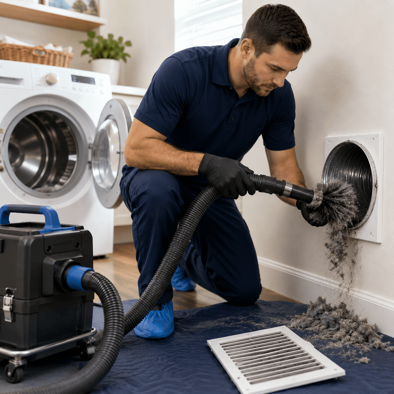 Professional technician in a navy uniform cleaning a dryer vent to remove lint, restore airflow, shorten drying cycles, and improve appliance safety in Richardson TX
