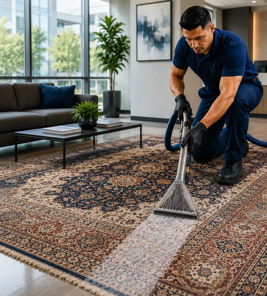 Professional rug cleaning in a modern smart home removing deep dirt and restoring a premium area rug in Richardson TX