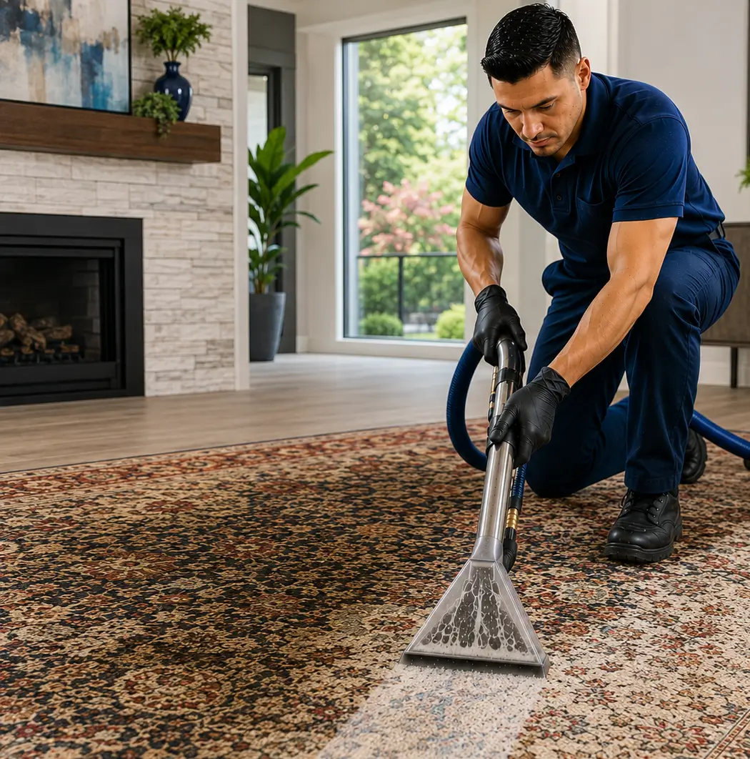 Professional oriental rug cleaning with hot water extraction inside a modern luxury home in Richardson TX