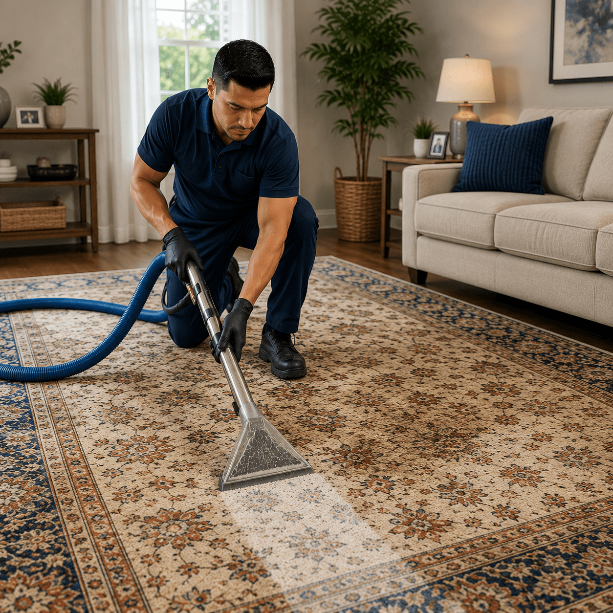 Professional oriental rug cleaning using hot water extraction to remove deep stains and embedded dirt in Richardson TX
