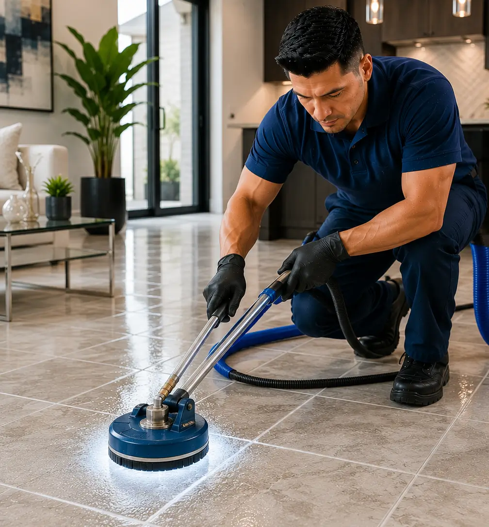 Professional tile and grout cleaning using advanced rotary surface cleaning equipment in a modern Richardson TX home