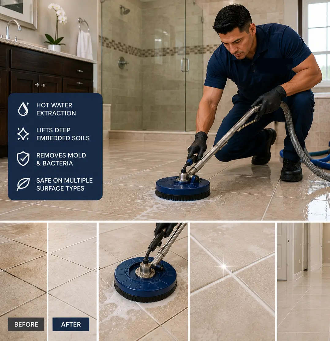 Professional technician using advanced rotary equipment for deep tile and grout restoration in a modern Richardson TX bathroom