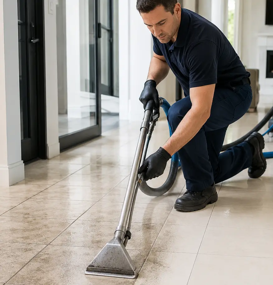 Professional technician restoring stained tile and grout floors in a modern Richardson TX home