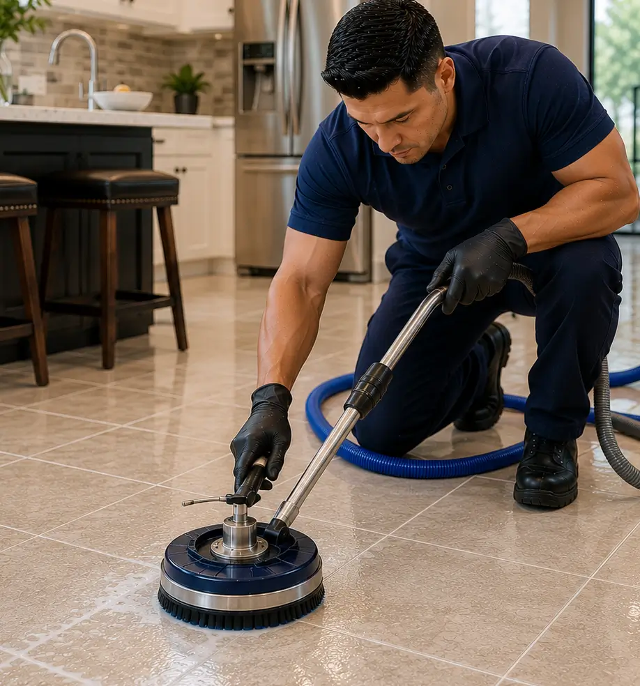 Professional technician in a navy uniform using advanced rotary equipment for tile and grout cleaning in Richardson TX