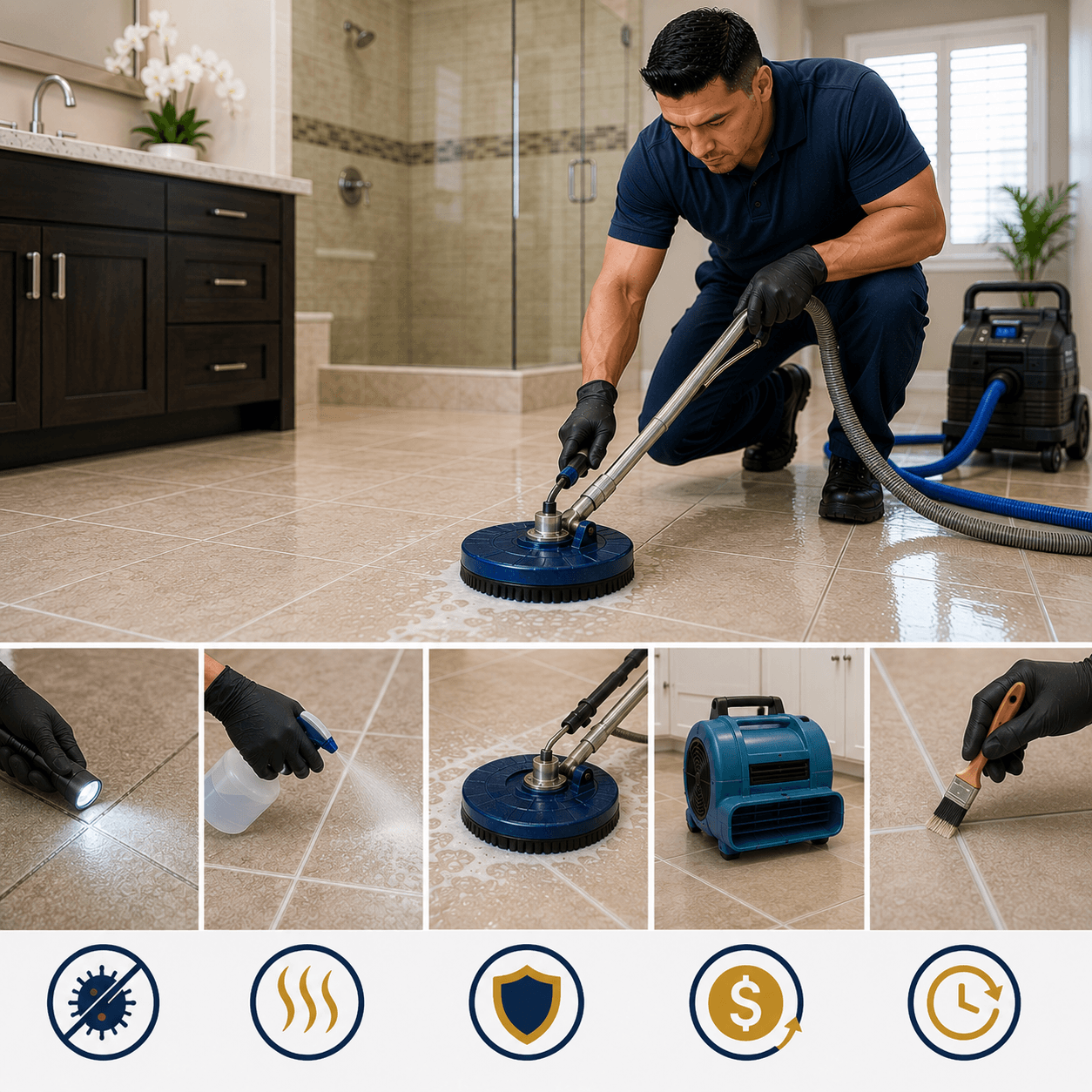 Professional tile and grout cleaning process using inspection, pretreatment, rotary extraction, drying and grout sealing in Richardson TX