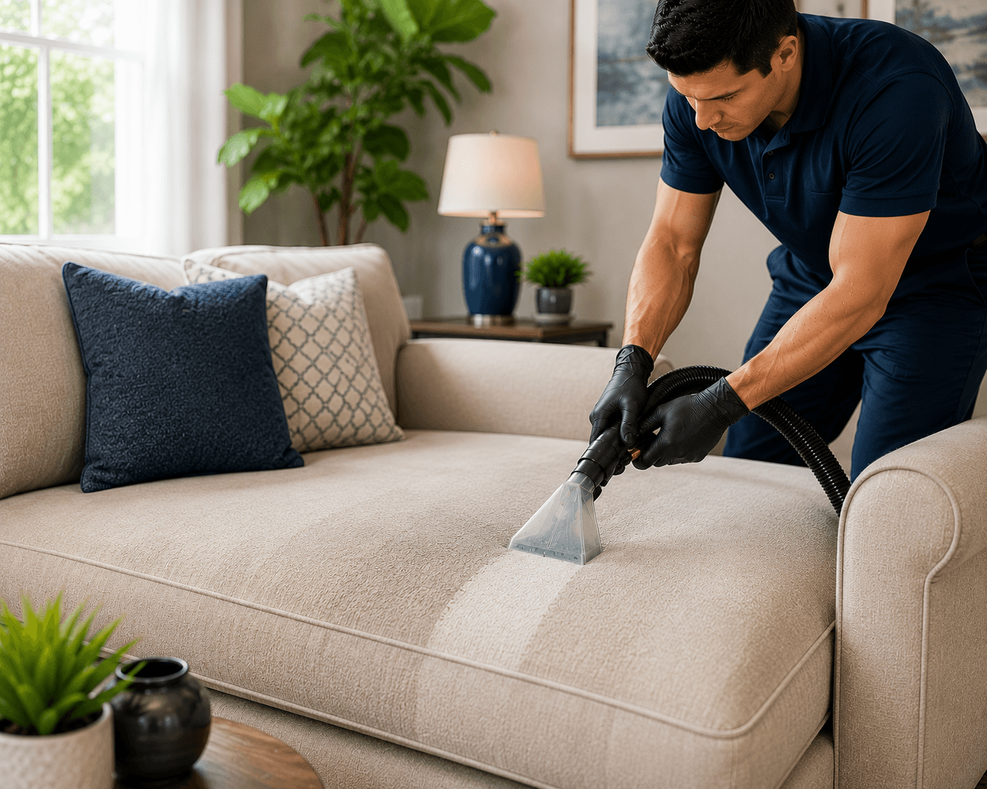 Professional upholstery cleaning restoring the appearance and freshness of a fabric sofa in Richardson TX