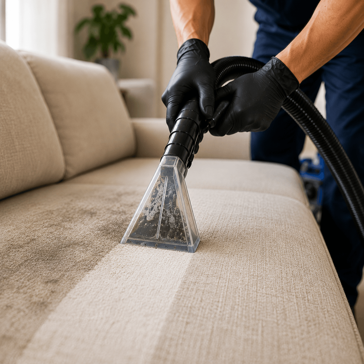 Professional upholstery cleaning removing deep dirt and allergens from a fabric sofa in Richardson TX