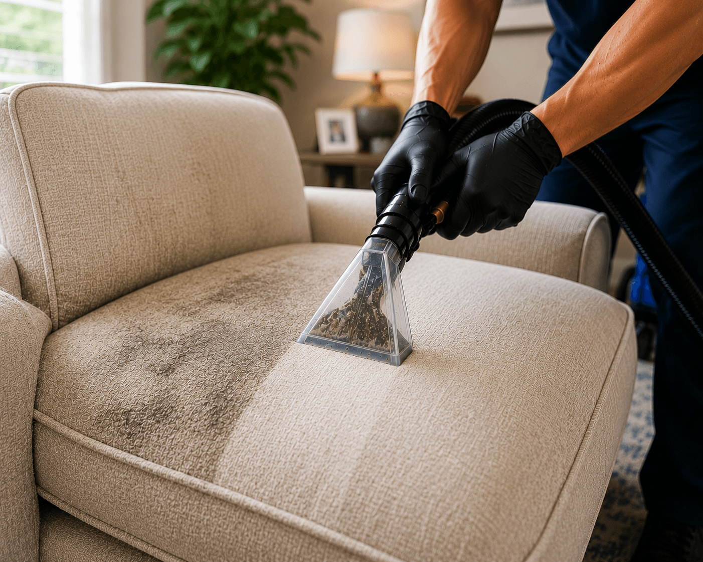 Professional upholstery cleaning removing deep dirt and stains from a fabric armchair in Richardson TX