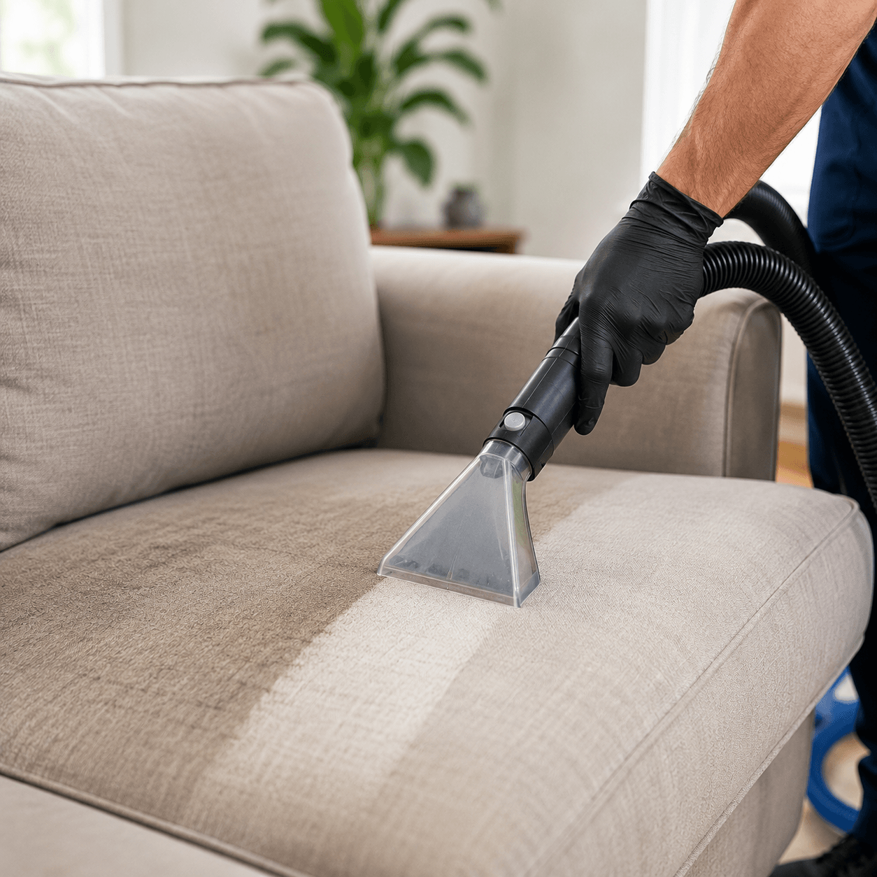 Professional upholstery cleaning removing embedded dirt and stains from a fabric sofa in Richardson TX